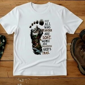 Not All Who Wander Shirt • Christian Hiking Tee • God’s Trail Footprint Top